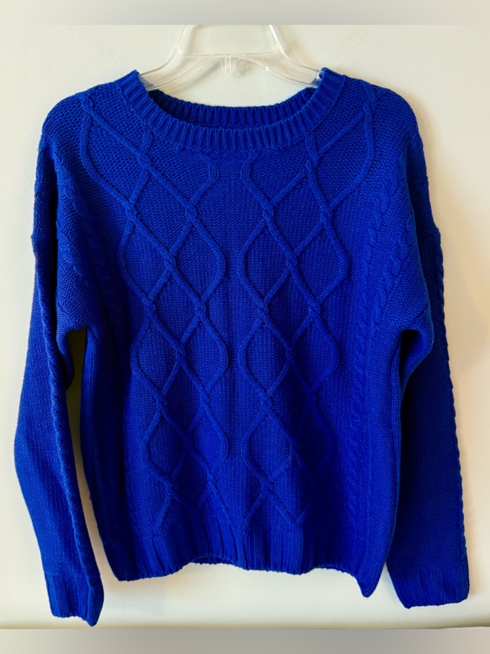 True Craft Royal Blue Classic Cable Knit Crewneck Sweater, Medium